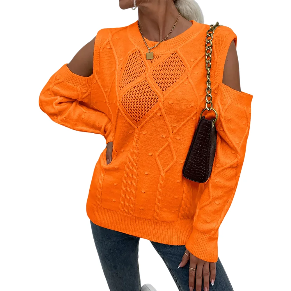 Orange Hollow Out Knitted Cold Shoulder Sweater