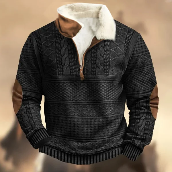 Men's Vintage Washed Cashmere Knit Textured Print Fleece Collar Zipper Stand Collar Sweatshirt