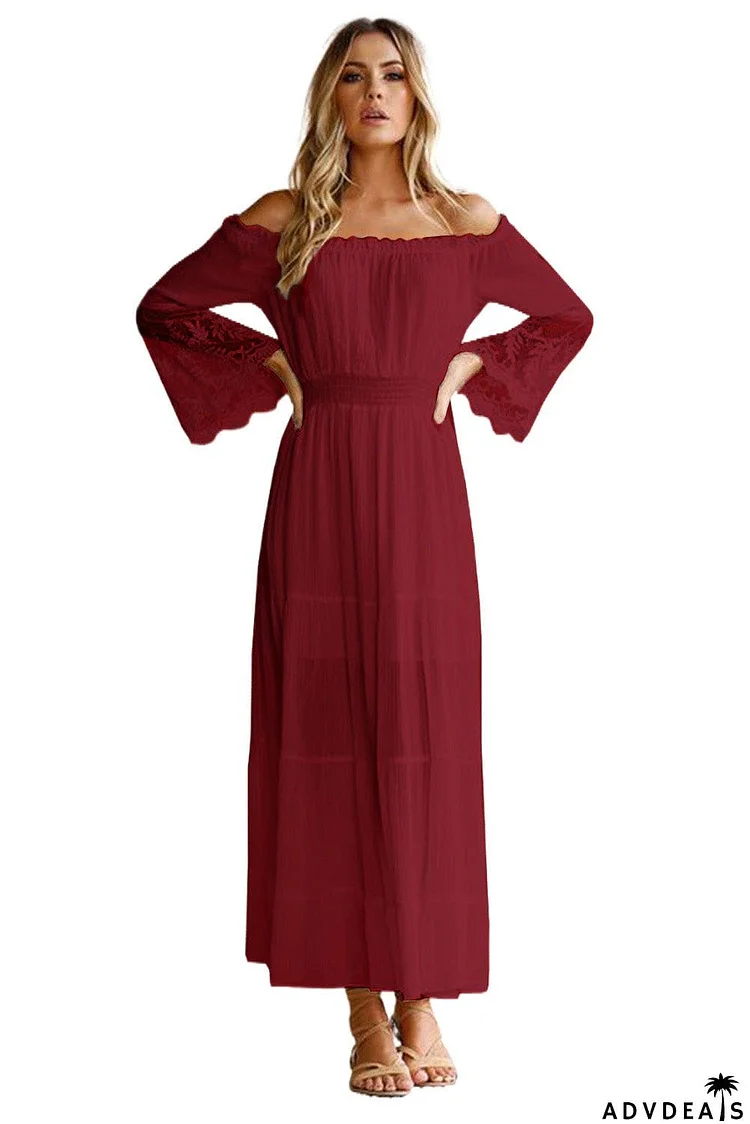 Off Shoulder Embroidered Flared Sleeve Lace Maxi Dress