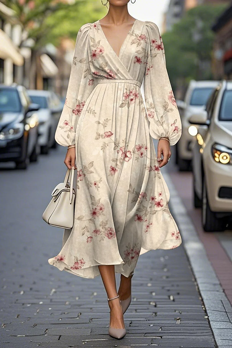 Elegant Floral Print Lantern Sleeve V-Neck A-Line Midi Chiffon Dress