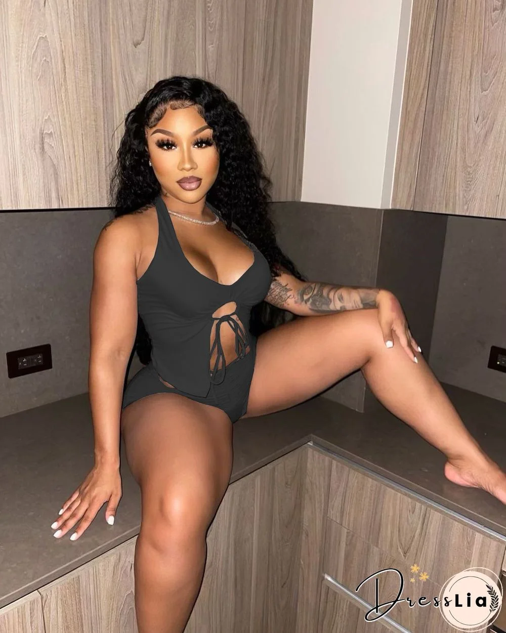 Summer Women Sexy Solid Color Irregular Hollow Out Sleeveless Halter Top Skinny Shorts Two Piece Suit