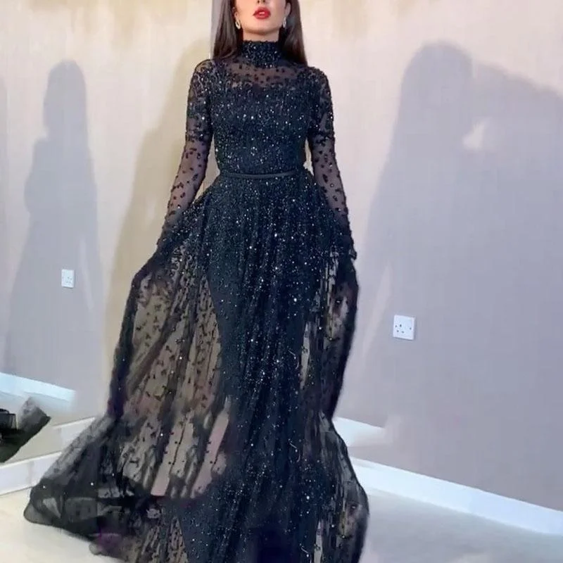 Cyber Monday Big Sales Sexy Ladies' Party Dresses High-Necked See-Through Sequin Woman's Evening Dress