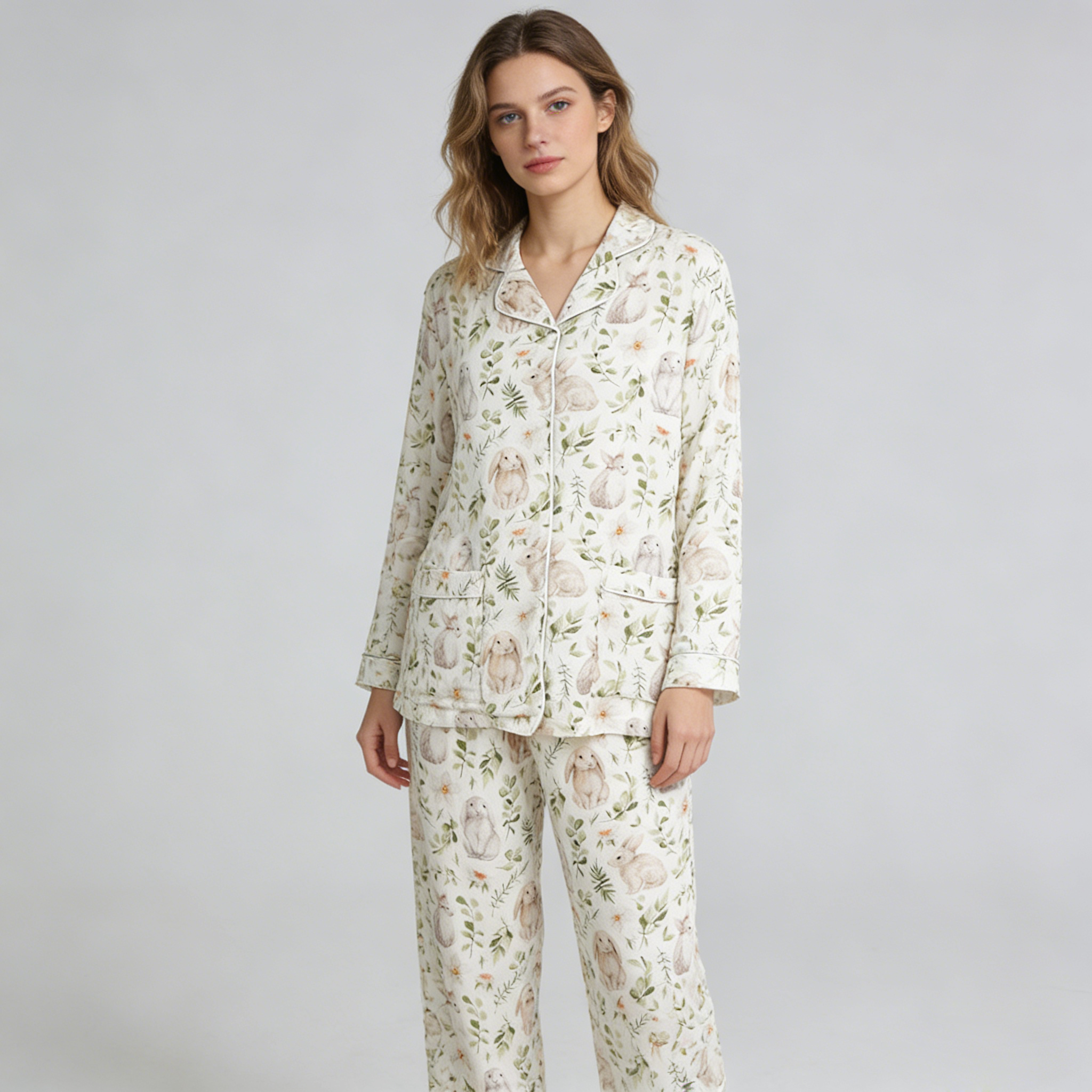 Ethereal Bunny & Greenery Bamboo Fiber Parent-Child Pajamas REAL SILK LIFE