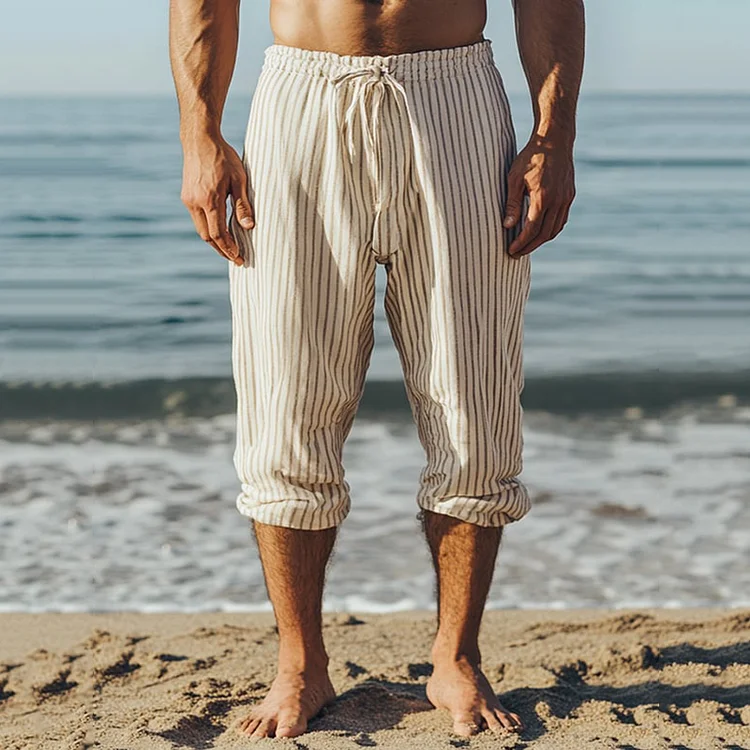 Utbros Men's Casual Striped Cotton And Linen Pocket Casual Pants