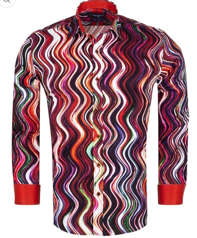 Colourful Wavy Lines Printed Long Sleeve Men's Shirt