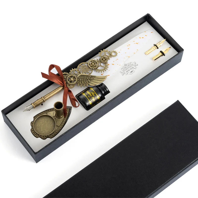 Journalsay Gear Series Vintage Metal Gold Feather Pen British Dip Pen Gift Box Set 