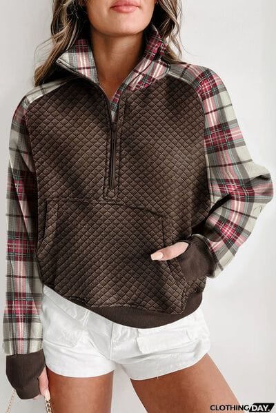 Plaid Half Zip Kangaroo Pocket Sweatshirt