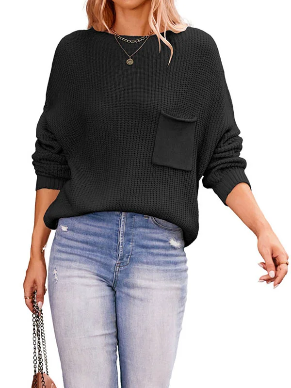 Long Sleeves Loose Pockets Solid Color Round-Neck Pullovers Sweater Tops