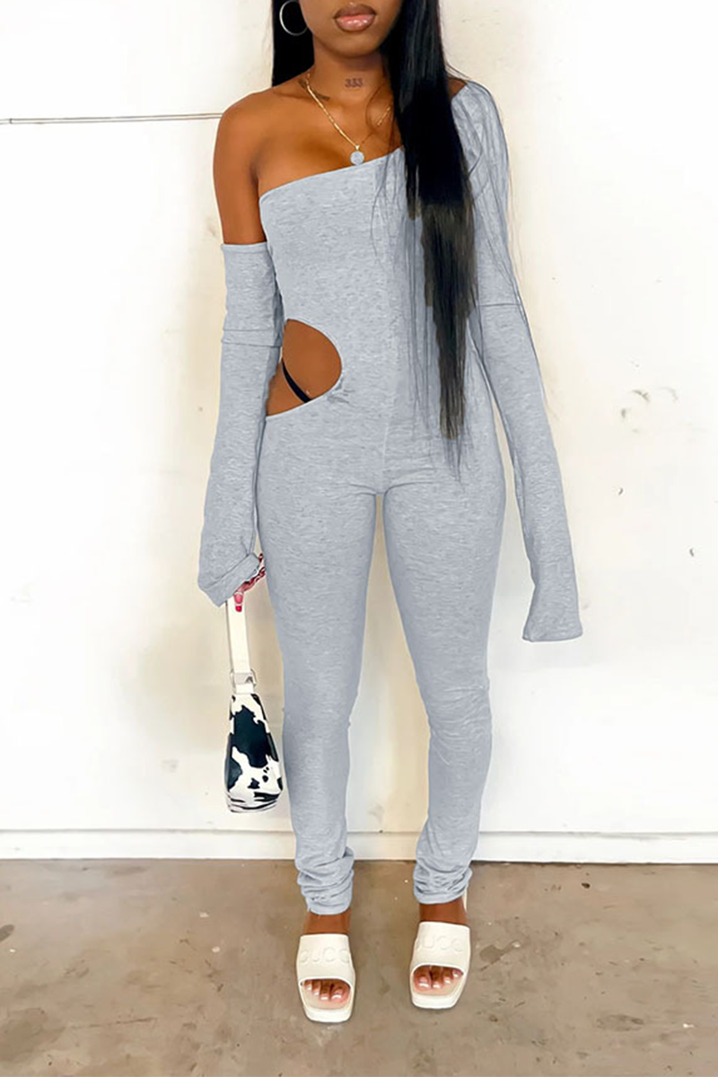 Sexy Solid Hollowed Out One Shoulder Skinny Jumpsuits