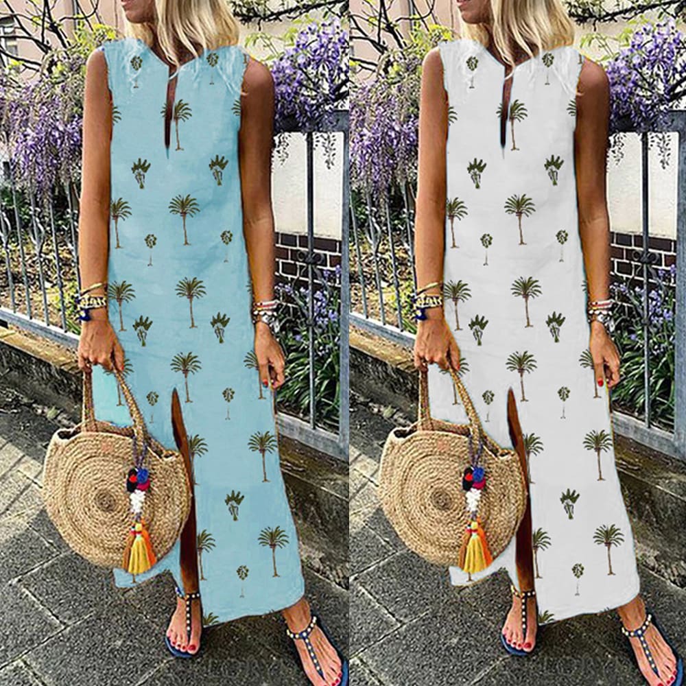 Women Boho Long Maxi Dress Fashion Ladies Sleeveless Summer Beach Floral Dress Casual Holiday Dresses Sundress