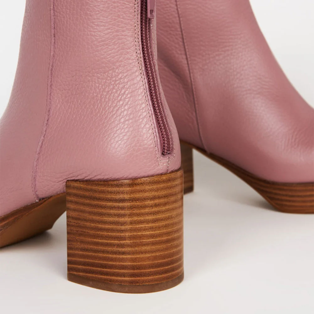 Lilac Purple Block Heel Round Toe Platform Booties with Back Zipper