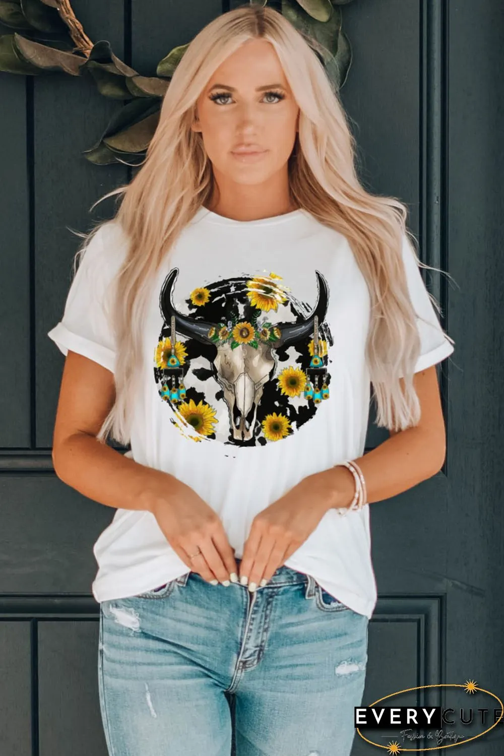 White Bull Skull With Sunflower Western Graphic Tee