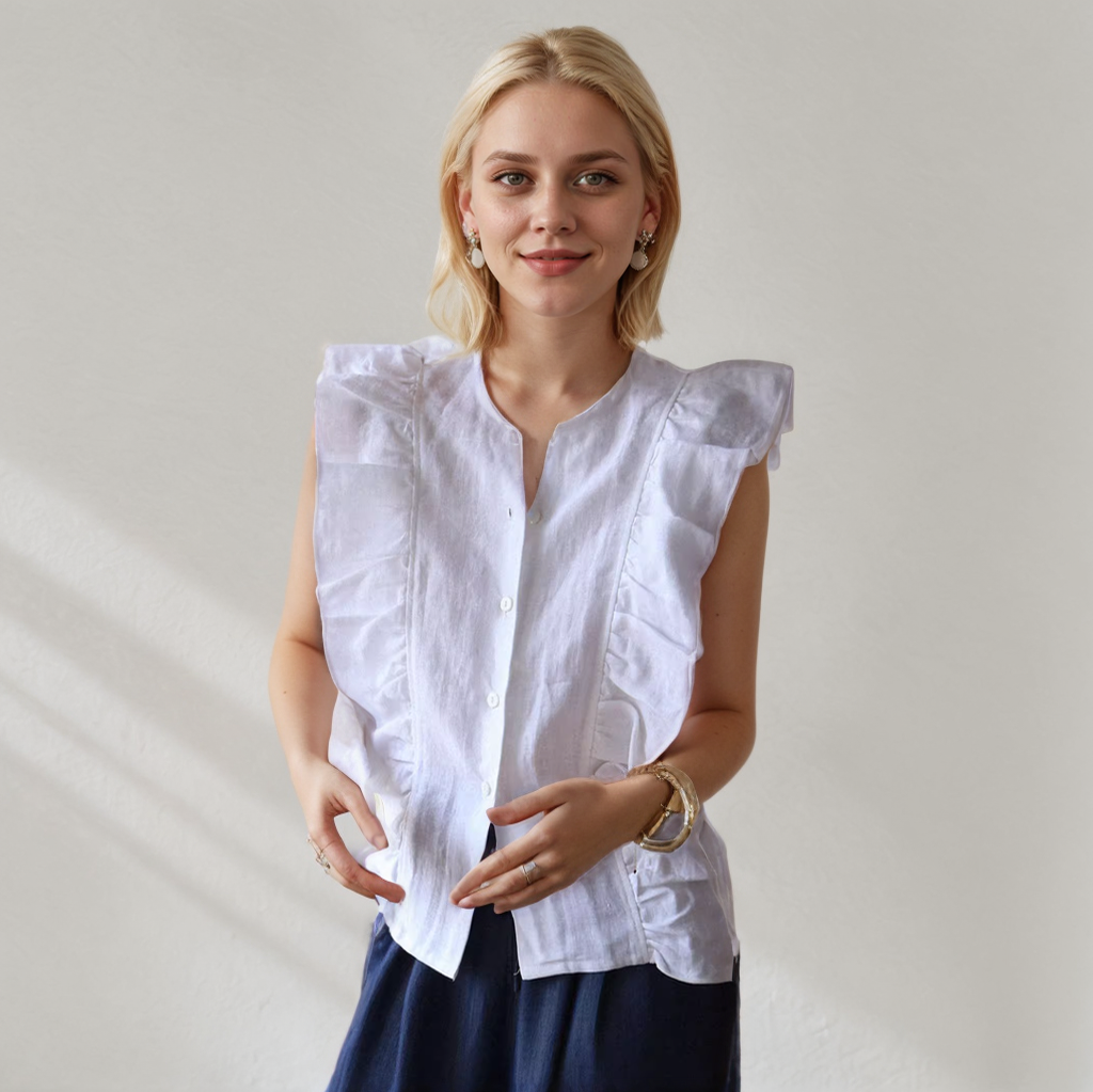 100% European Linen Ruffle Edge Sleeveless Shirt REAL SILK LIFE