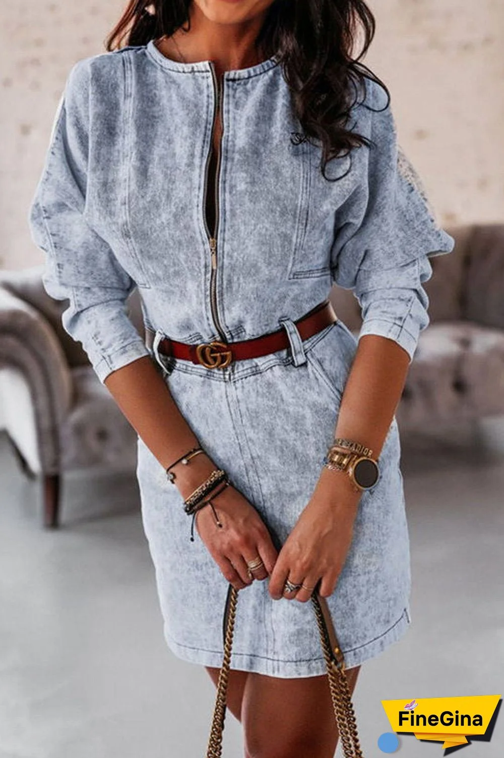 Denim Zipper Package Hip Dress(Without Belt)
