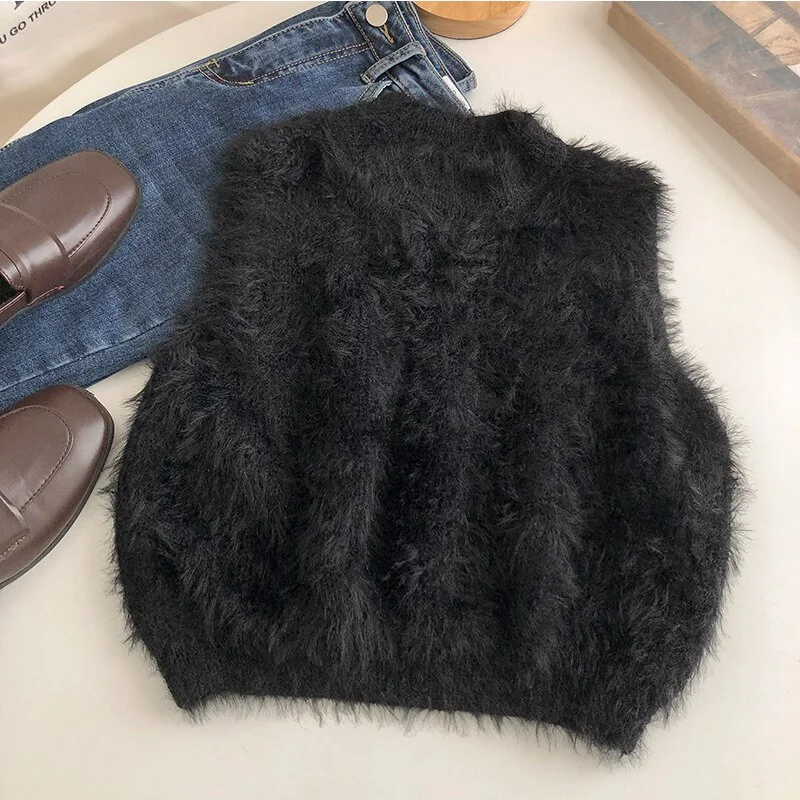 Toloer Autumn Women Elegant Sweaters Vest Faux Mink Sweater Vest O-Neck Solid Sleeveless Tops For Women Winter Jumpers 2023