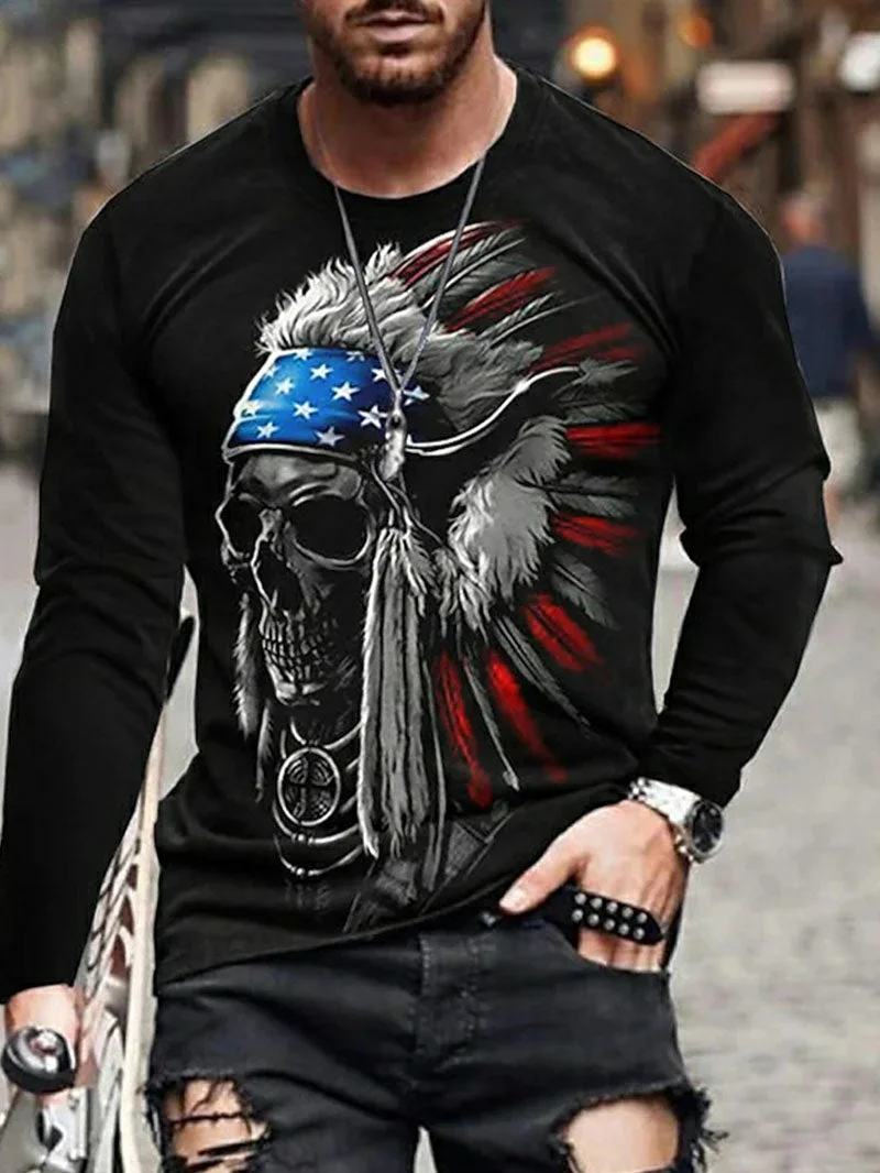 Men's skull print long sleeve T-shirt