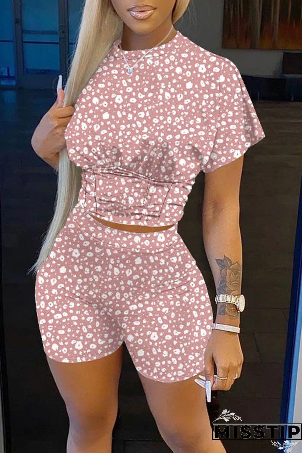 Pink Casual Print Patchwork O Neck Short Sleeve Two Pieces