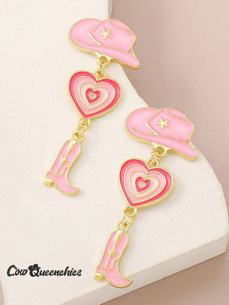 Western Cowboy Wind Hat Love Boots Earrings Pink / One