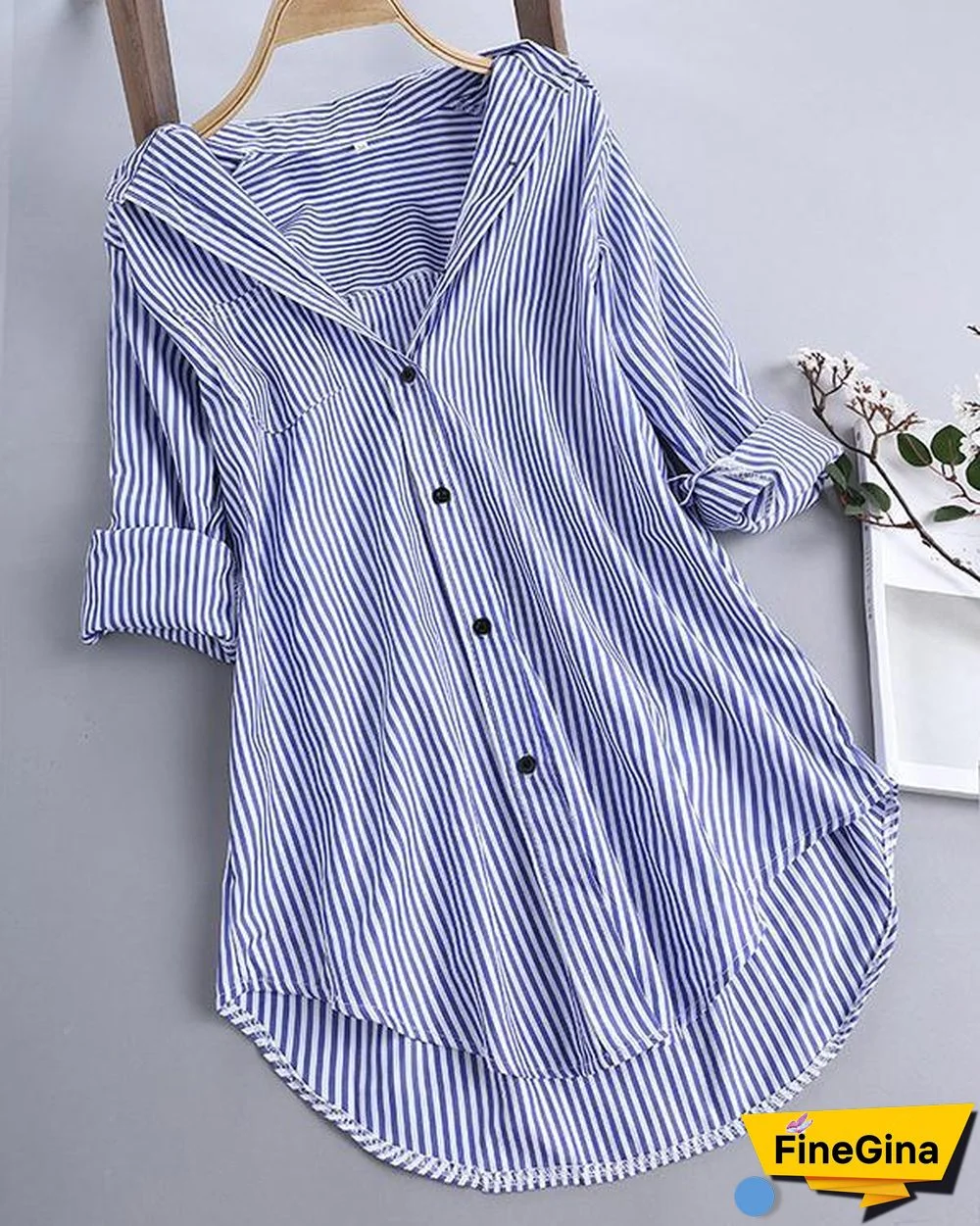 Chic Stripe Long Sleeve Turn-down Collar Loose Shirts