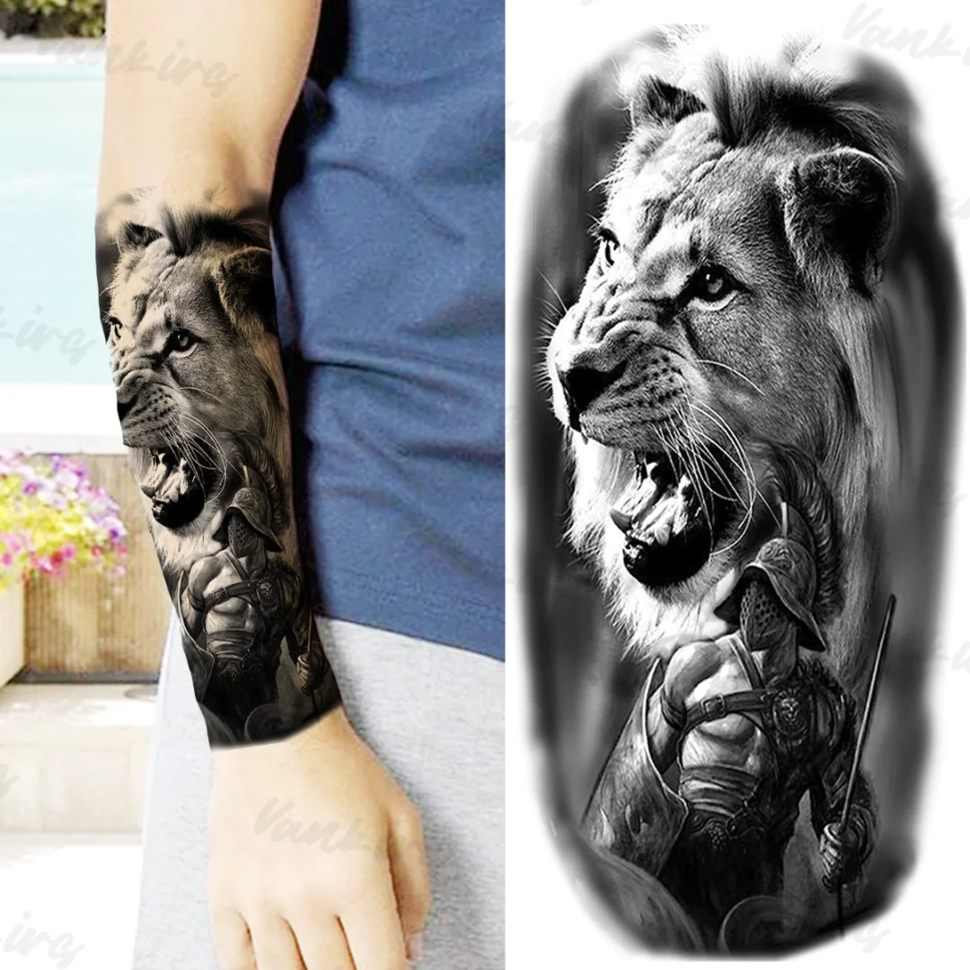 Sdrawing Lion Knight Temporary Tattoos For Men Adults Realistic Tiger Skeleton Fake Tattoo Sticker Arm Water Transfer Tatoos 3D