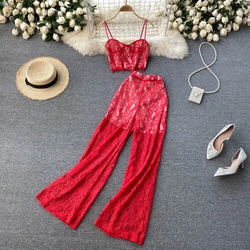 FTLZZ Summer Women Sexy Lace slimTwo Piece Set V-neck Sling Top High Waist A-line Wide Leg Pants Ladies Beach Solid Color Sets