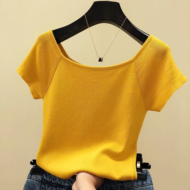 Summer Basic Woman Tshirts Black Korean Tops Women Off shoulder T Shirt Knitted Short Sleeve Female Clothes Fashion White Red