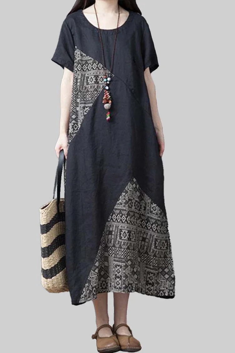 Linen Black Short Sleeve Round Neck Tribe Print Midi Dress