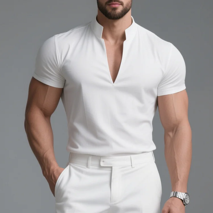 Okaywear V Neck Stand Collar Short Sleeve T-Shirt 