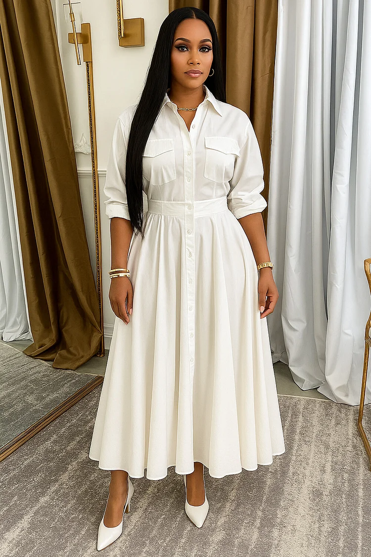 Cargo Pocket Cinched Waist Button Up Maxi Shirt Dresses-White [Pre Order]