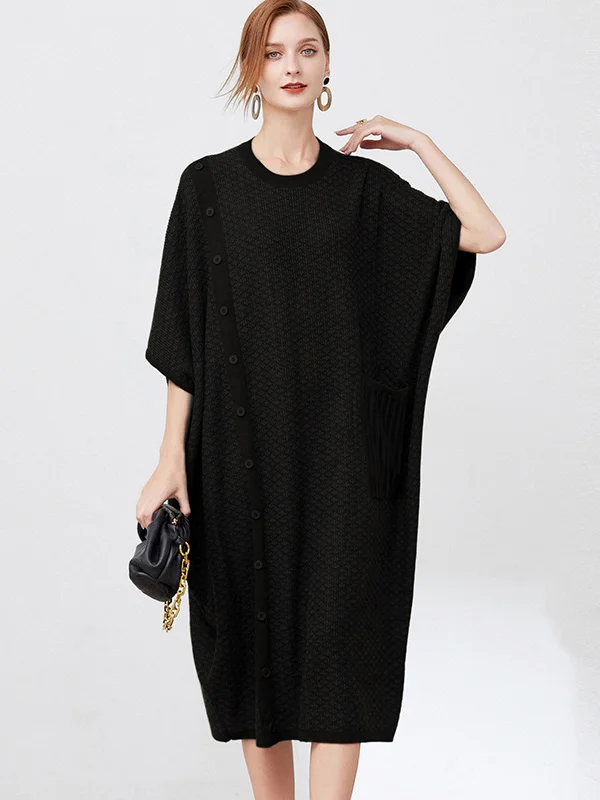 Casual Half Sleeves Roomy Jacquard Pure Color Round-Neck Sweater Dresses