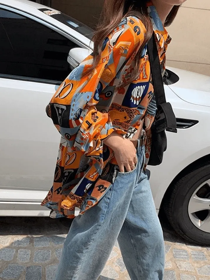 Brownm Vintage Mixed Print Long Sleeve Blouse