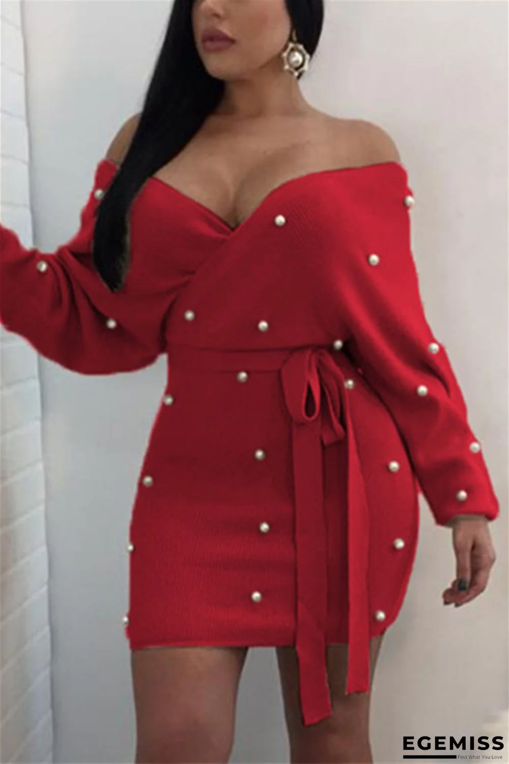 Red Fashion Sexy Adult Flocking Solid Frenulum Bateau Neck Long Sleeve Knee Length Wrapped Skirt Dresses | EGEMISS