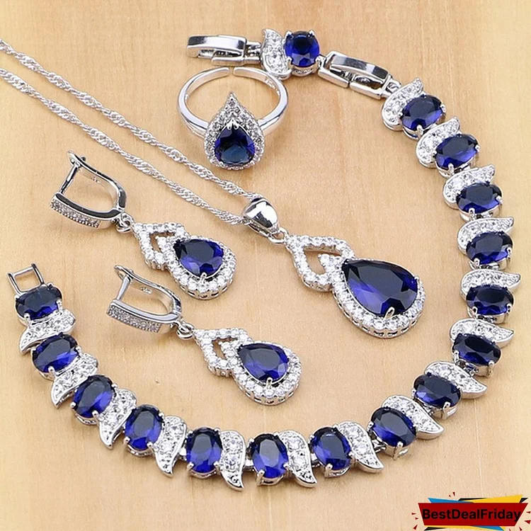 925 Silver Jewelry Sets Blue Sapphire White Topaz Open Rings Earrings Pendant Necklace Bracelet For Bridal Women