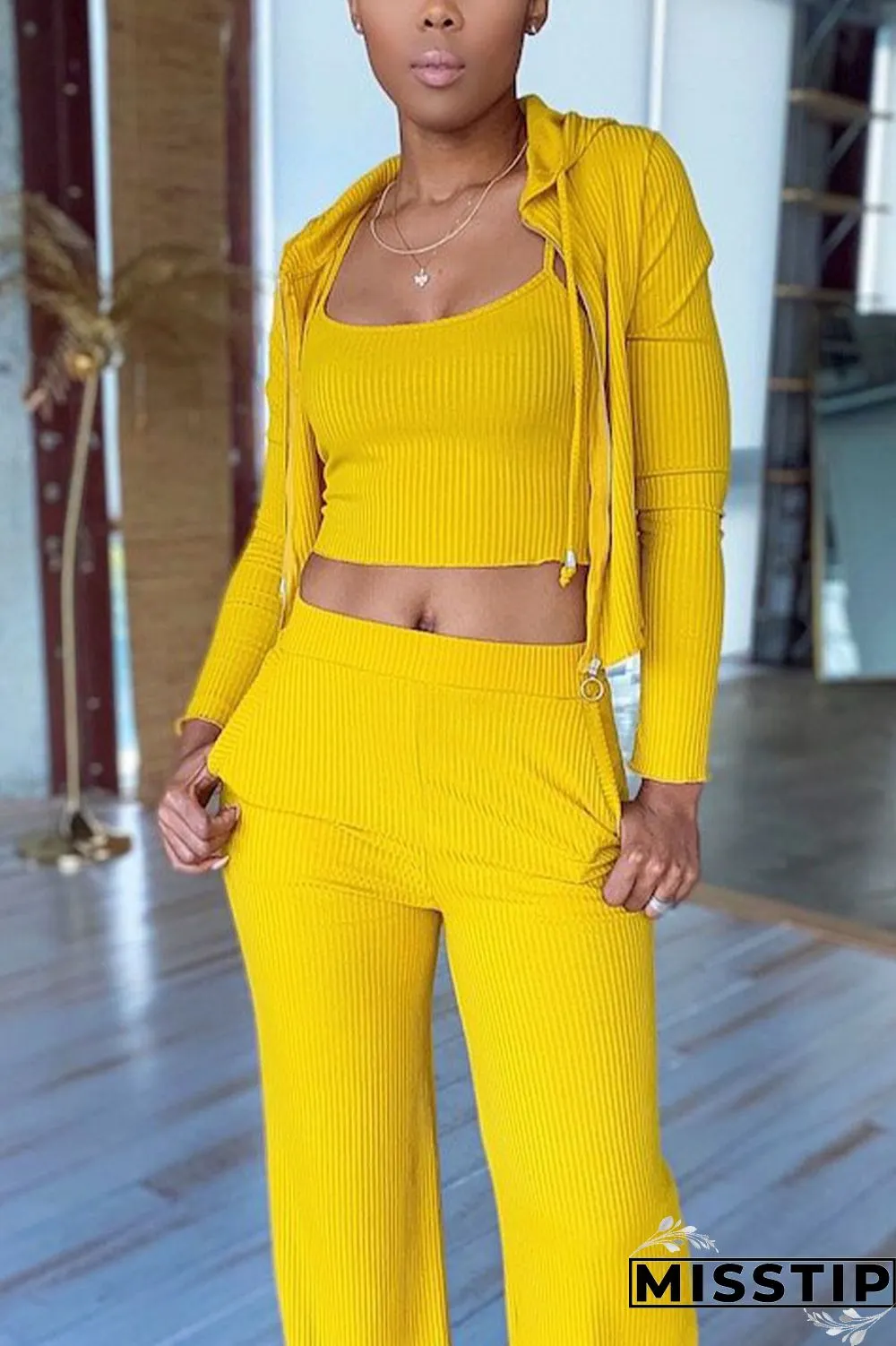 Yellow Casual Solid Patchwork O Neck Long Sleeve Three-piece Set