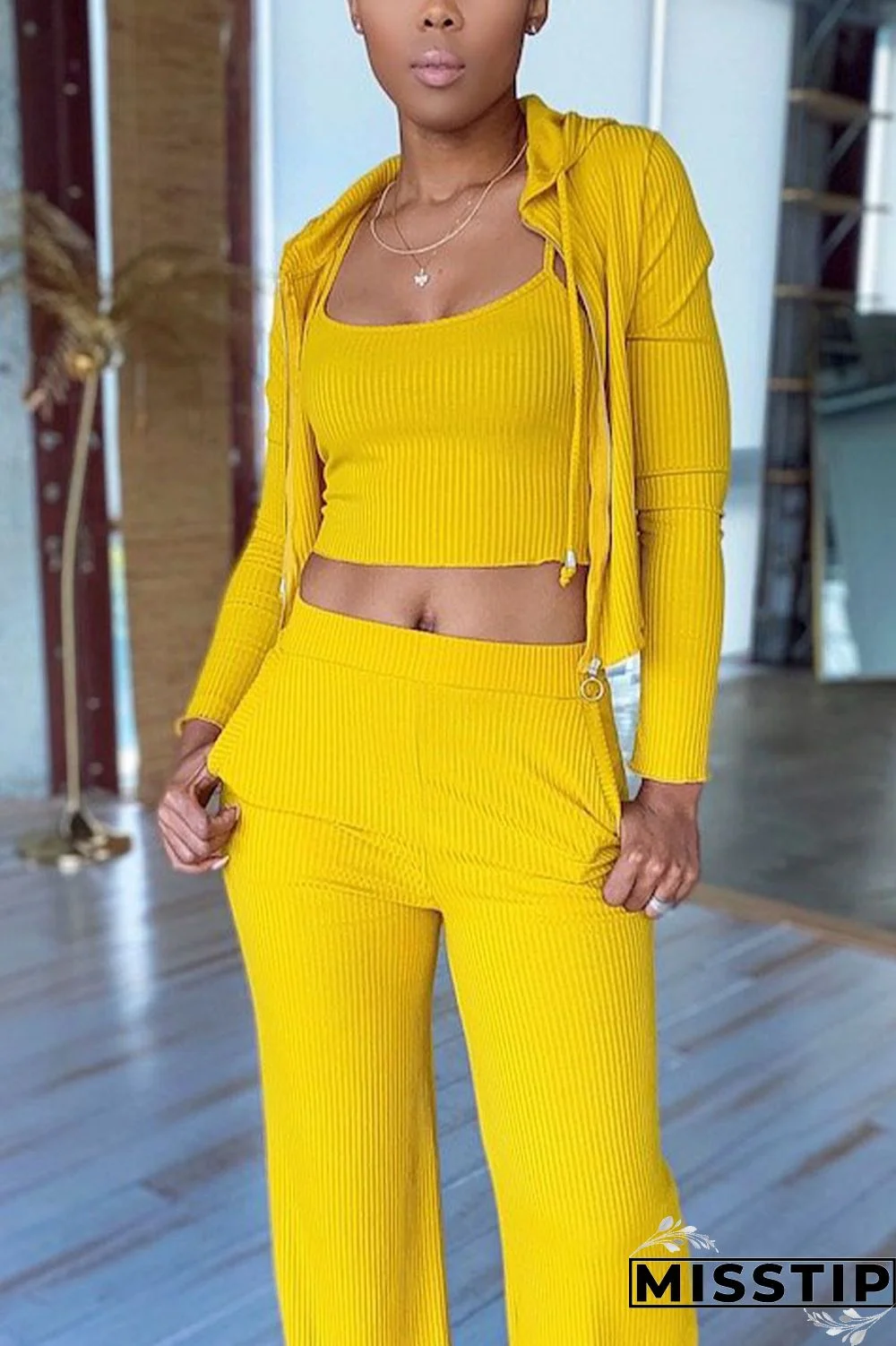 Yellow Casual Solid Patchwork O Neck Long Sleeve Three-piece Set