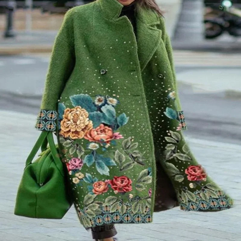 Graduation Gifts  2022 New Solid Color Temperament Commuter Lapel Loose Green Wool Coat Autumn and Winter Long Wool Coat Coat