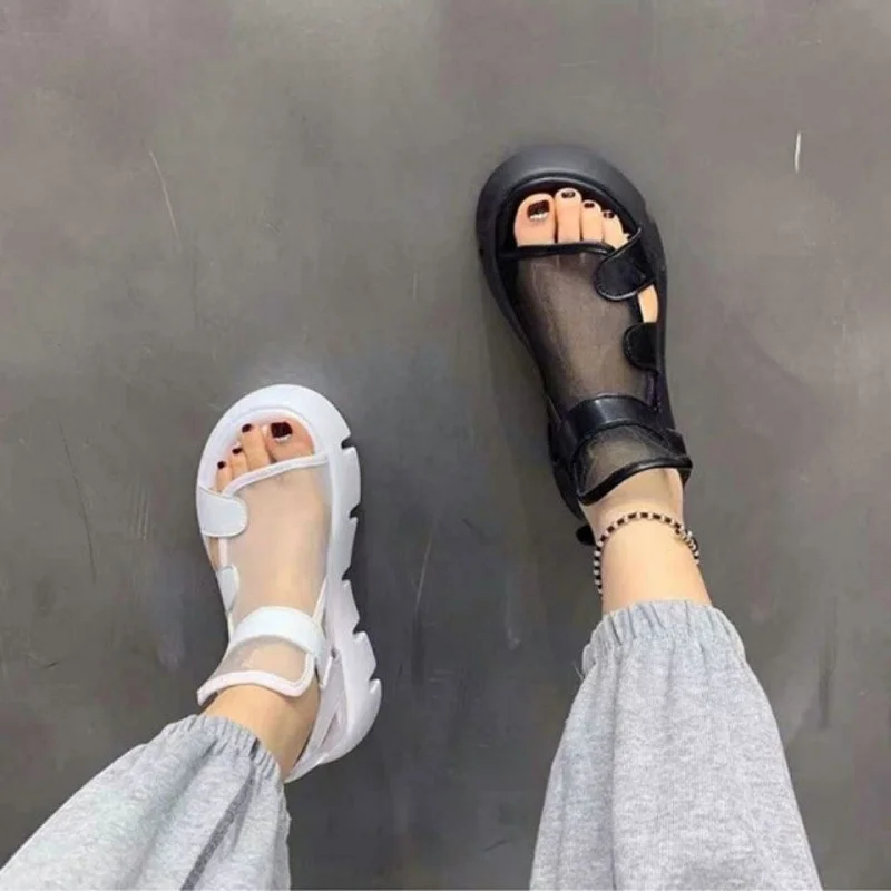 Tanguoant Sandals women 2022 summer new fashion thick-bottomed breathable Eugene yarn mesh magic paste Roman sandals Hook & Loop