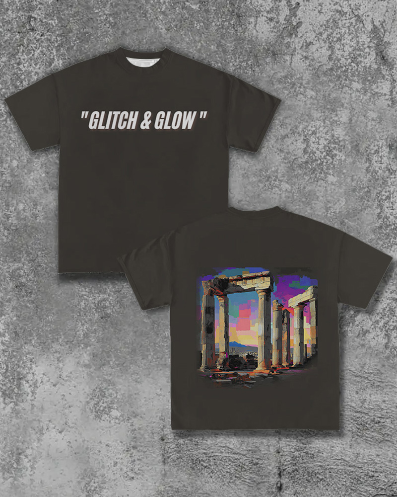 Men's Plus Size Street Fashion Fault Neon Ancient Greek Column Glitch & Glow Letter Printed Round Neck Short Sleeve T-Shirt