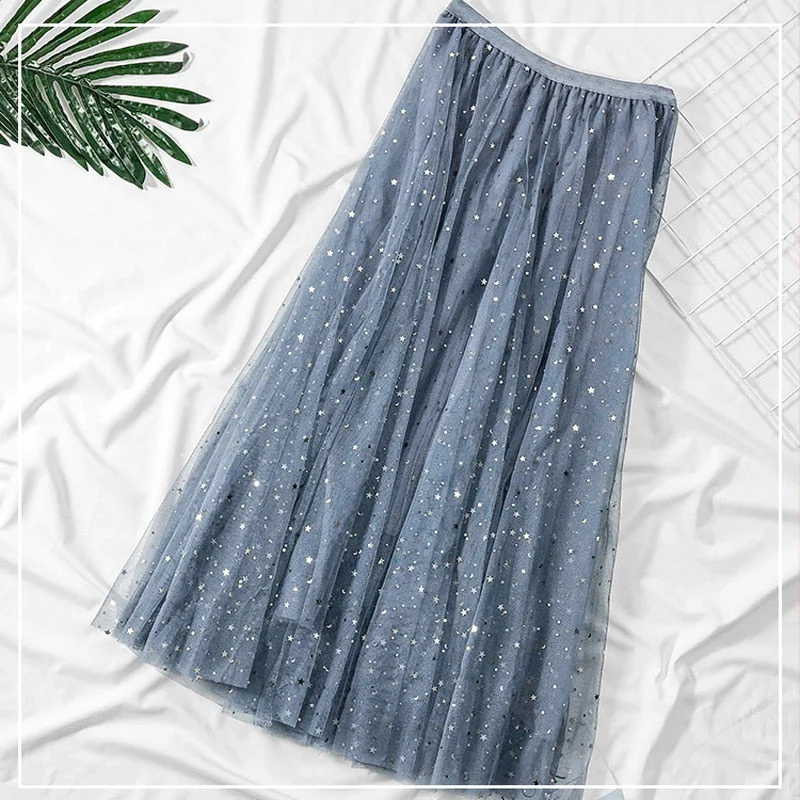 Zoki Elegant Korean Women Tulle Skirt Fashion Sequin Star Summer Mesh Ladies Long Skirt Elastic High Waist Party White Skirt