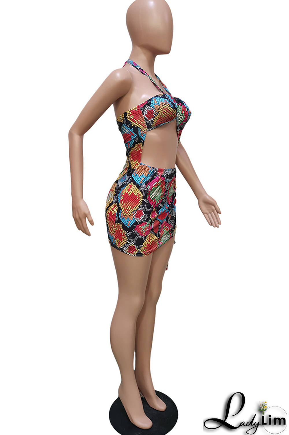 Pink Sexy Animal Print Draw String Halter Pencil Skirt Dresses