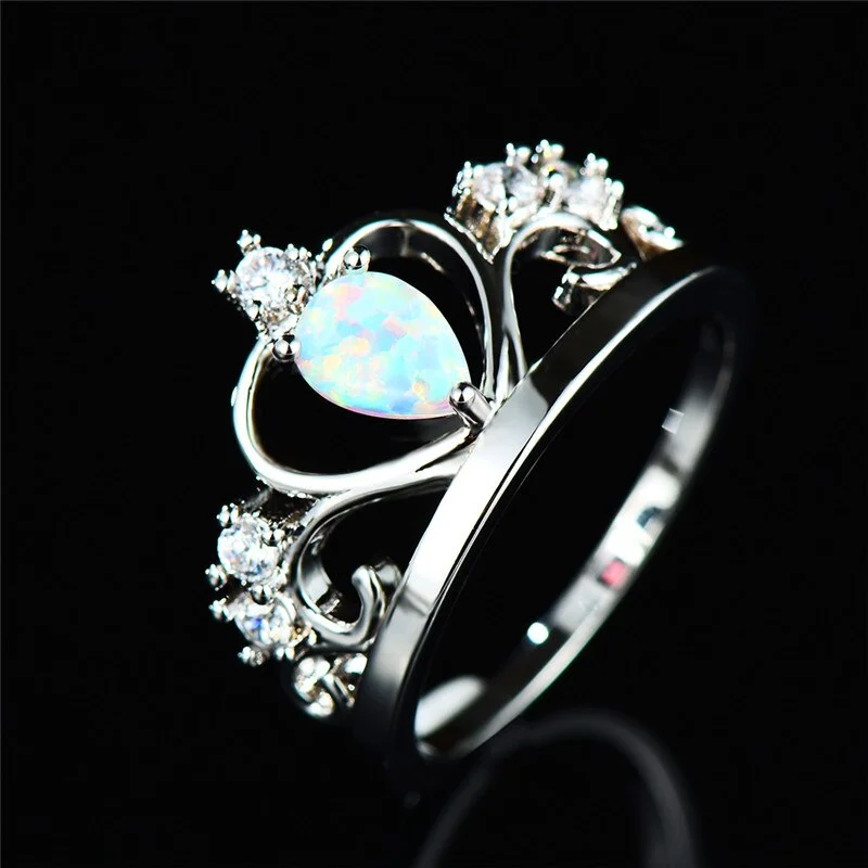 Cute Female White Fire Opal Ring Unique Silver Color Crown Ring Vintage Wedding Band Promise Engagement Rings For Women