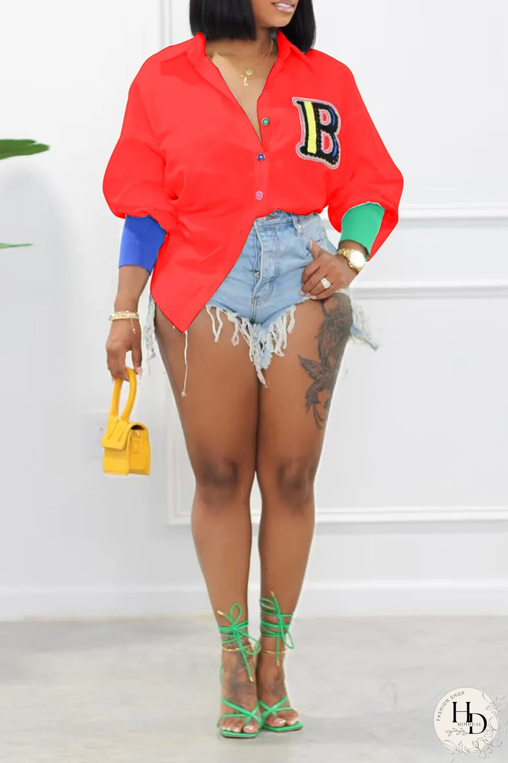 Yellow Casual Print Patchwork Turndown Collar Shirt Dress Dresses