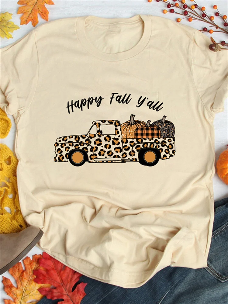 Vefave Khaki Happy Fall Leopard Truck Cute Pumpkin Graphic T Shirt