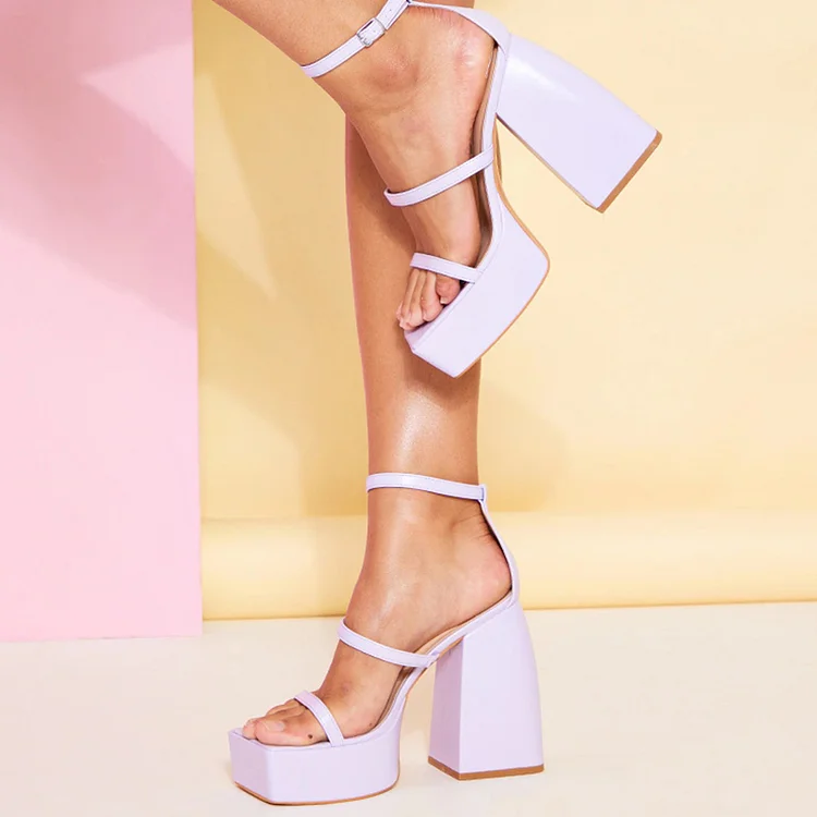 Purple Square Toe Chunky Heels Platform Sandals   in Office Vdcoo