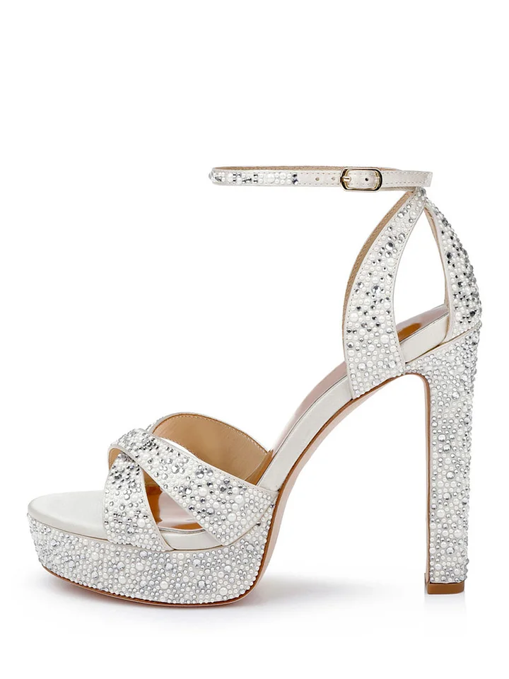 White Prom Heels Open Toe Rhinestone Ankle Strap Platform