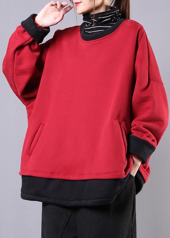 VCSHOES o neck pockets cotton box top Sewing red tops