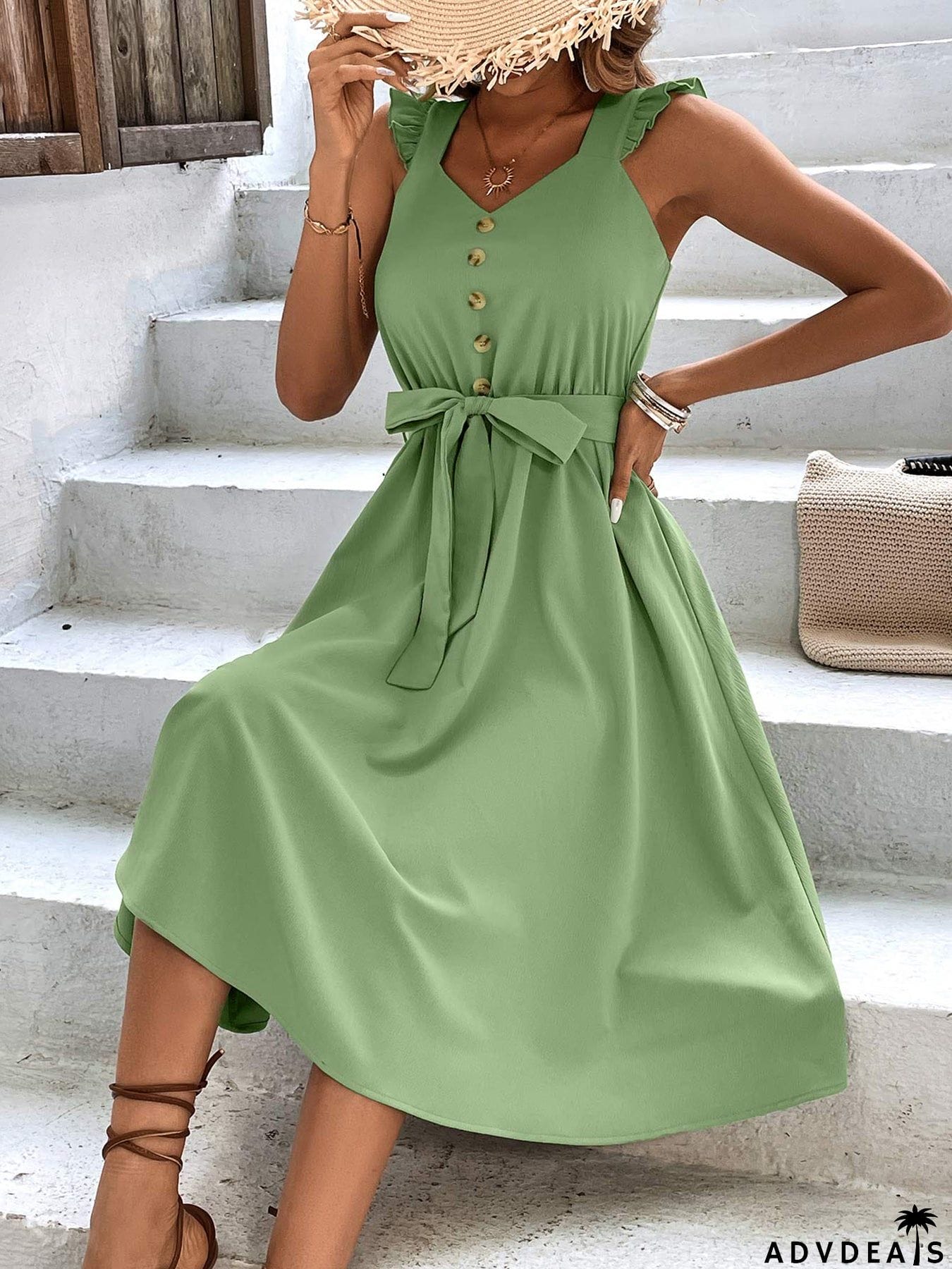 Decorative Button Tie Waist A-Line Dress