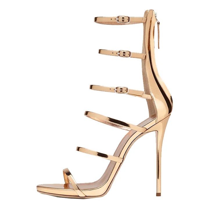 Gold Multi-strap Open Toe Vegan Stiletto Sandals Vdcoo