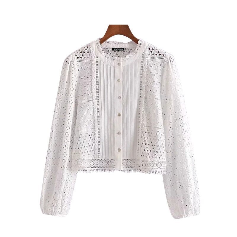 KPYTOMOA Women 2021 Fashion Hollow Out Embroidery Cropped Blouses Vintage Long Sleeve Button-up Female Shirts Chic Tops