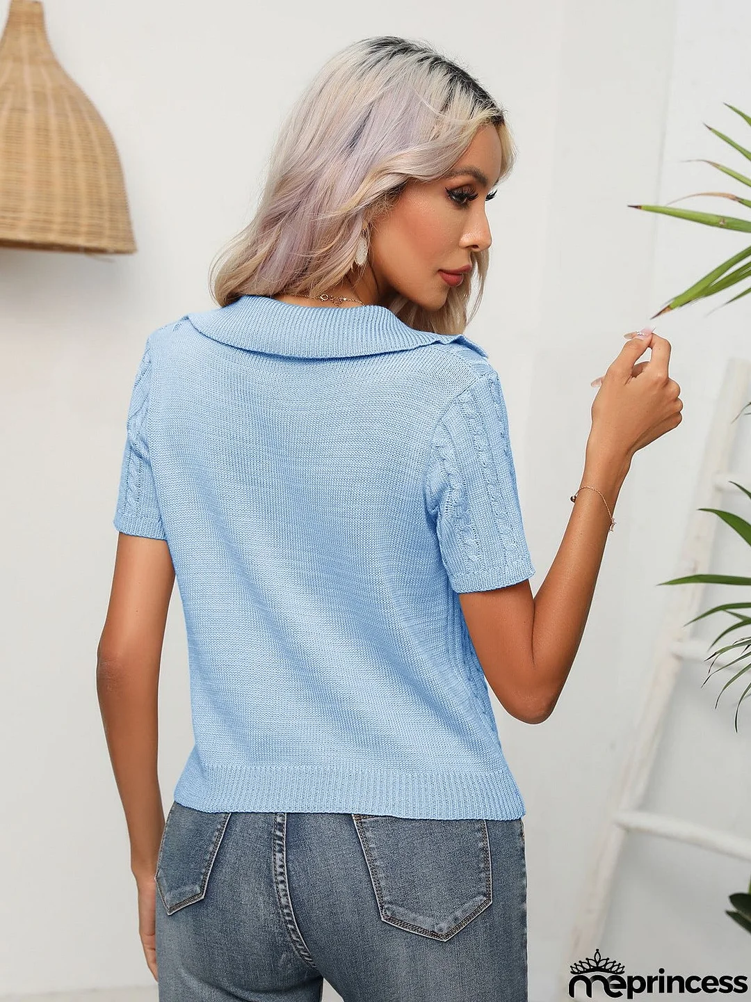Cable-Knit Johnny Collar Short Sleeve Knit Top